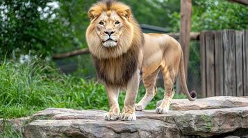 Majestic Male Lion Standing on Rock in Lush Green Zoo Enclosure Wild African Cat in Nature photo