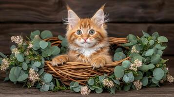 Adorable Ginger Maine Kitten in a Rustic Basket Surrounded by Eucalyptus and Flowers photo