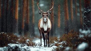 Majestic Reindeer in Snowy Winter Forest during Snowfall A stunning wildlife image photo