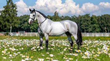 Majestic Grey Horse in a Field of Daisies Peaceful Summer Scene Equestrian photo