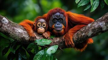 Adorable Orangutan Mother and Baby Resting on a Lush Green Tree Branch in a Tropical Rainforest Habitat photo