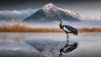Majestic Black necked Crane by a Tranquil Lake with Snowy Mountain Background at Sunrise photo