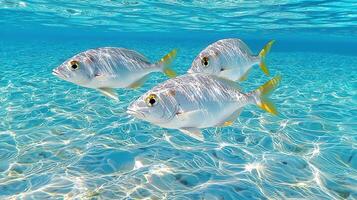 Three Silver Fish Swimming in Crystal Clear Tropical Ocean WaterSunlight Dappling the Sandy Seabed photo