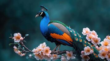 Majestic Indian Peacock Perched on a Blooming Peach Tree Branch A Vibrant Wildlife Image photo