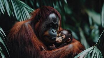 Orangutan Mother and Baby Tenderly Embracing in Lush Green Rainforest Habitat photo