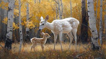 White tailed Deer Doe and Fawn in Autumn Birch Forest Woodland Wildlife Nature Scene photo