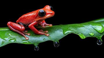 Vibrant Red Frog on Dew Covered Leaf in RainforestClose up Macro Wildlife Nature photo