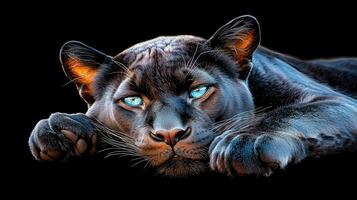 Majestic Black Panther with Striking Blue Eyes Resting Serene Close Up Portrait photo