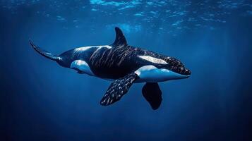 Majestic Orca Whale Swimming Gracefully in Deep Blue Ocean Water Wildlife photo