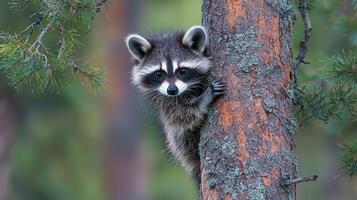 Adorable Baby Raccoon Climbing a Pine Tree in Forest Habitat A Close Up Wildlife Photo