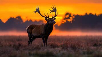 Majestic Red Deer Stag at Sunrise in Misty Meadow Wildlife photo