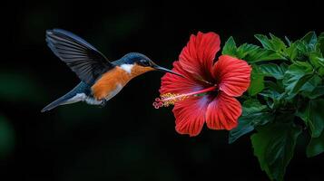 Vibrant Hummingbird in Flight Near a Red Hibiscus Flower in Nature photo