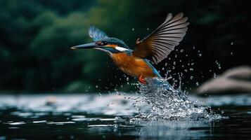 Vibrant Kingfisher Bird in Flight Diving into Water Splashing Dynamic Nature Scene photo