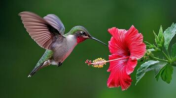 Hummingbird in Flight Gracefully Feeding on a Vibrant Red Hibiscus Flower photo