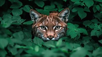 Majestic Eurasian Lynx peering from lush green foliage in its natural habitat A captivating wildlife image photo