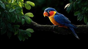 Vibrant Blue Parrot Perched on Mossy Branch in Lush Green Foliage A Stunning Wildlife Image photo