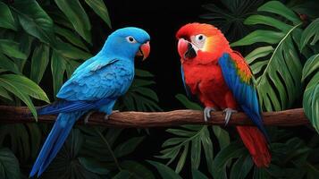 Vibrant Blue and Red Macaws Perched on Tropical Branch Lush Green Foliage photo