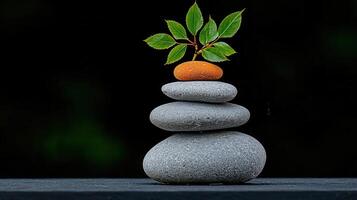 Serene Stacked Stones with Green Leaves A Peaceful Zen Garden Image for Meditation Relaxation and Wellness photo