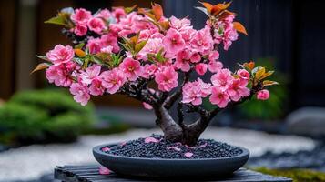 Beautiful Pink Cherry Blossom Bonsai Tree in a Pot Peaceful Zen Garden Setting photo