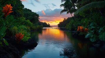 Serene Tropical Sunset Calm Water Reflecting Vibrant Colors Over Lush Greenery photo