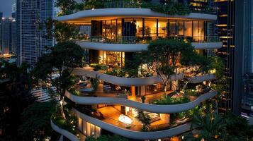 Luxurious Eco Friendly Apartment Building at Night with City Views and Lush Greenery on Balconies photo