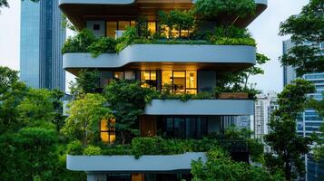 Modern Eco Friendly Apartment Building with Lush Green Balconies at Dusk Cityscape View Sustainable Design photo