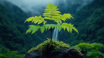 Lush Green Fern Plant Growing on Mossy Rock with Waterfall Background Tranquil Nature Scene photo