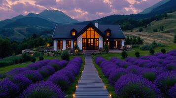 Modern House with Lavender Field at Dusk Scenic Mountain View Luxury Home Exterior Design photo