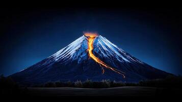 Majestic Snow Capped Volcano Erupting Lava at Night Dramatic Landscape photo