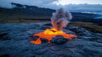 Volcanic Eruption Lava Flow at Dusk Dramatic Landscape Scene Hot Magma Erupting from Volcano Crater photo