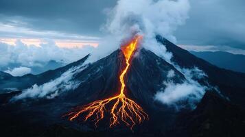 Majestic Volcano Eruption at Dusk Dramatic Lava Flow Stunning Mountain Landscape photo
