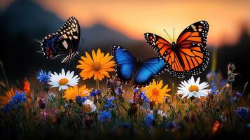 Vibrant Butterflies Hovering Over Colorful Wildflowers at Sunset A Stunning Nature Scene photo