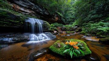 Serene Waterfall in Lush Rainforest Peaceful Nature Scene Tranquil Creek with Orange Flowers photo