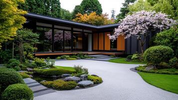 Modern Japanese Zen Garden Design with House and Blossoming Tree Serene Landscape Architecture photo