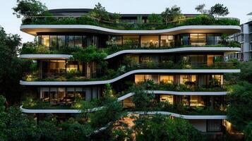 Luxurious Green Eco Friendly Apartment Building at Dusk Modern Architecture Design photo