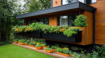 Modern House with Lush Balcony and Garden Planters Featuring Vibrant Flowers and Greenery photo