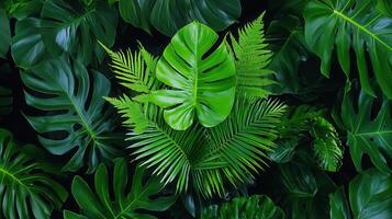 Lush Green Tropical Foliage Background Featuring Monstera and Fern Leaves Perfect for Nature and Botanical Designs photo