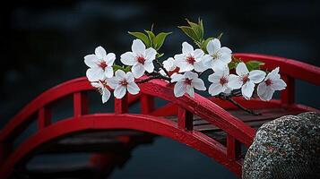 Delicate White Cherry Blossoms Gracefully Adorn a Vibrant Red Wooden Bridge in a Serene Setting photo