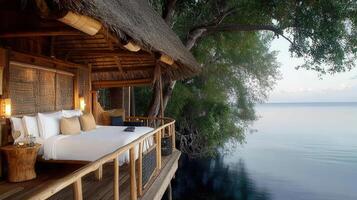 Luxurious Overwater Bungalow Bedroom with Breathtaking Lake View at Dawn Tranquil Getaway photo