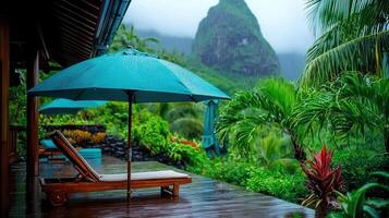 Relaxing Tropical Getaway Rain Shower on a Luxurious Patio with Ocean View photo