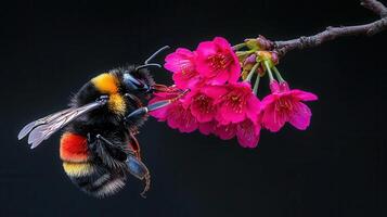 A Vibrant Bumblebee Gathers Nectar from Delicate Pink Flowers Close up Macro of Insect and Blossom photo