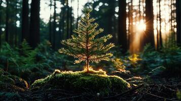 Young Evergreen Sapling Growing in a Sunlit Forest at Dawn A Small Conifer Tree in Moss photo