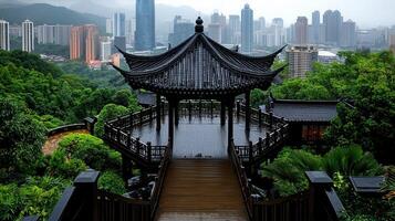 Serene Asian Pavilion Overlooking Cityscape Rain Lush Greenery Tranquil View photo