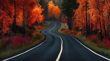 Winding Asphalt Road Through Vibrant Autumn Forest Landscape Scenic Drive photo