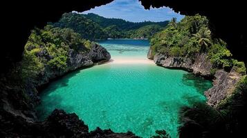 Secluded Tropical Beach Paradise Seen from a Cave Hidden Cove Turquoise Water Clear Ocean photo