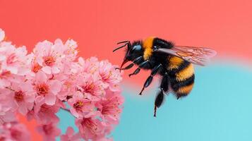 Bumblebee in Flight Approaching Pink Cherry Blossoms Springtime Nature Scene photo