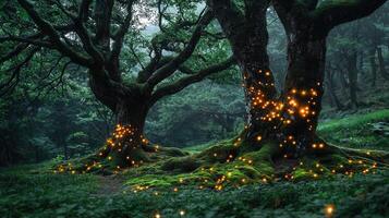 Enchanting Forest Scene Magical Fairy Lights Adorn Mossy Trees at Night photo