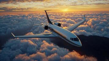 Luxury Private Jet Soaring Above Clouds at Sunset Dramatic Aerial View of Airplane Flight Travel photo