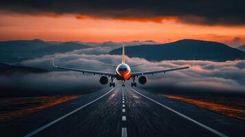 Airplane Landing on Runway at Sunset Dramatic Cloudscape Scenic Mountain View Air Travel Transportation photo
