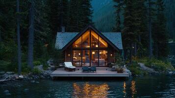 Luxurious Lakeside Cabin Retreat at Dusk Secluded Wooden A Frame Home with Lake View photo